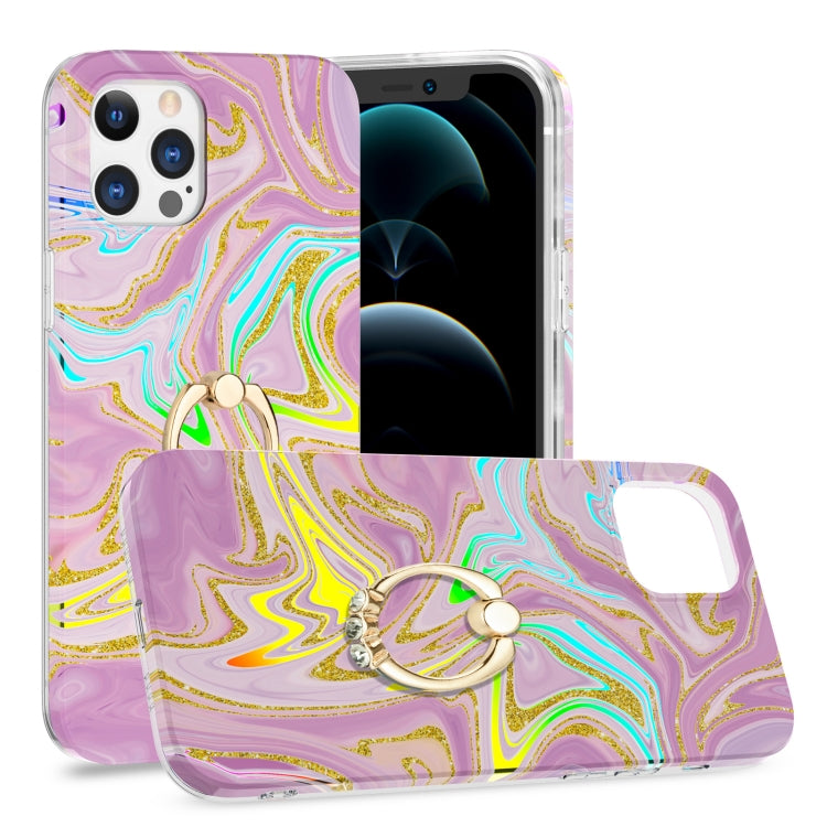 For iPhone 12 / 12 Pro Laser Glitter Watercolor Pattern Shockproof Protective Case with Ring Holder
