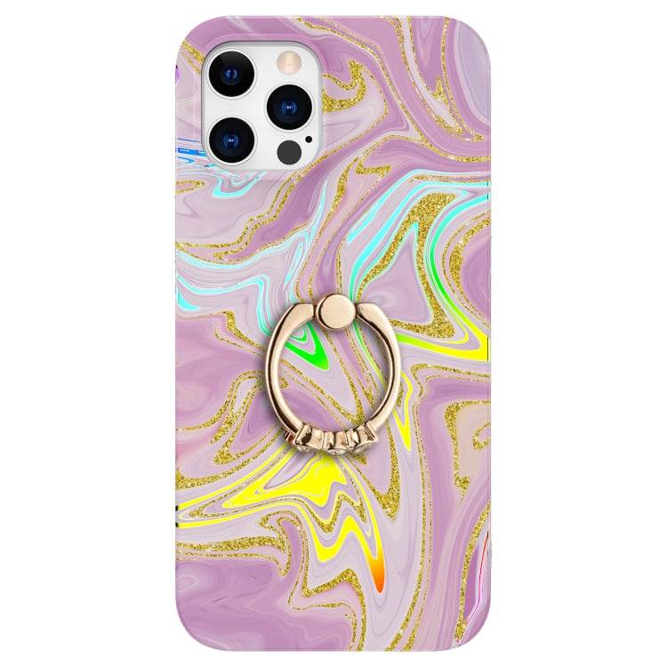 For iPhone 12 / 12 Pro Laser Glitter Watercolor Pattern Shockproof Protective Case with Ring Holder
