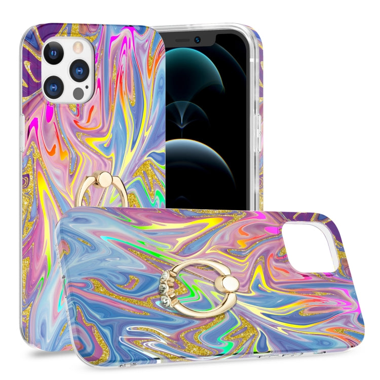 For iPhone 12 Pro Max Laser Glitter Watercolor Pattern Shockproof Protective Case with Ring Holder