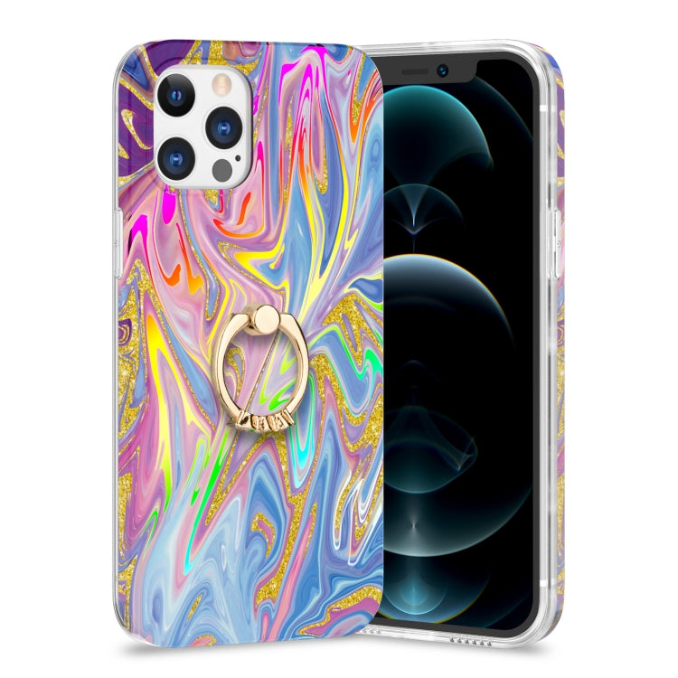 For iPhone 12 Pro Max Laser Glitter Watercolor Pattern Shockproof Protective Case with Ring Holder
