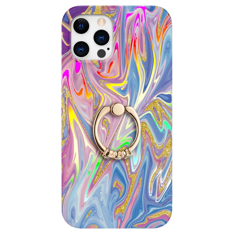 For iPhone 12 Pro Max Laser Glitter Watercolor Pattern Shockproof Protective Case with Ring Holder