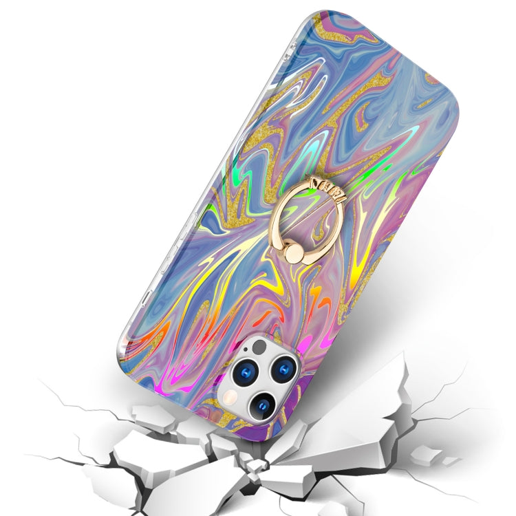 For iPhone 12 Pro Max Laser Glitter Watercolor Pattern Shockproof Protective Case with Ring Holder