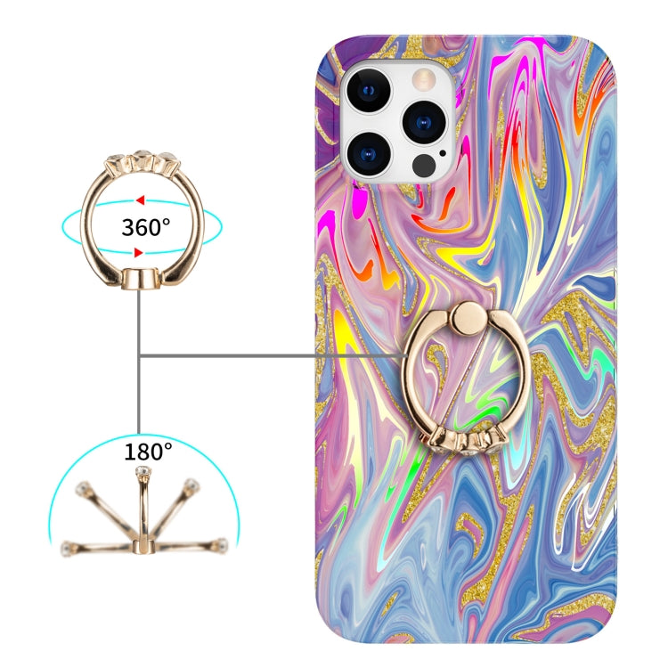 For iPhone 12 Pro Max Laser Glitter Watercolor Pattern Shockproof Protective Case with Ring Holder