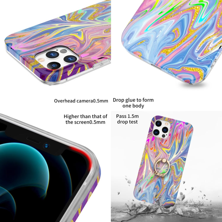For iPhone 12 Pro Max Laser Glitter Watercolor Pattern Shockproof Protective Case with Ring Holder