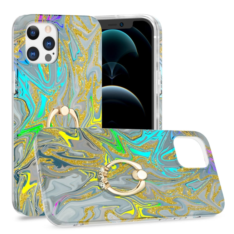 For iPhone 12 Pro Max Laser Glitter Watercolor Pattern Shockproof Protective Case with Ring Holder