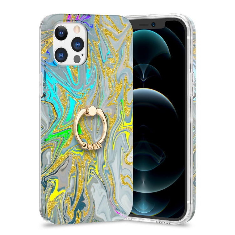 For iPhone 12 Pro Max Laser Glitter Watercolor Pattern Shockproof Protective Case with Ring Holder