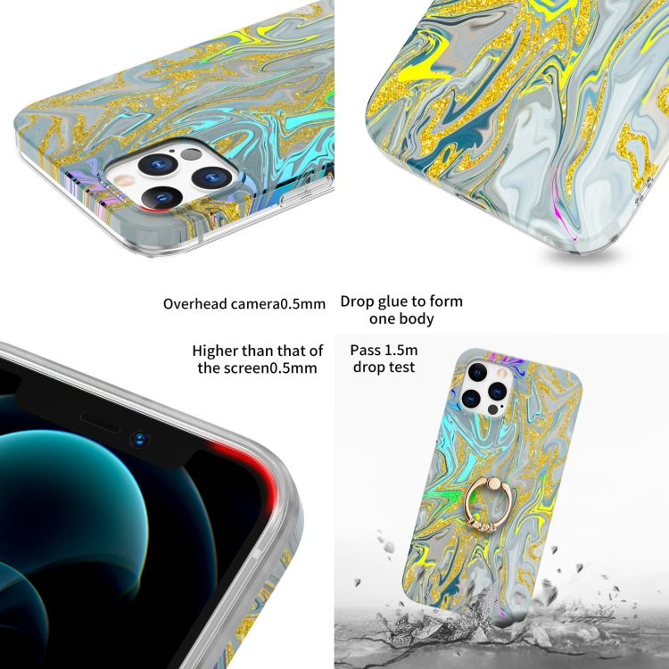 For iPhone 12 Pro Max Laser Glitter Watercolor Pattern Shockproof Protective Case with Ring Holder