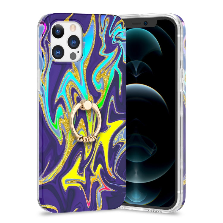 For iPhone 12 Pro Max Laser Glitter Watercolor Pattern Shockproof Protective Case with Ring Holder