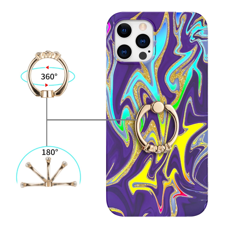 For iPhone 12 Pro Max Laser Glitter Watercolor Pattern Shockproof Protective Case with Ring Holder