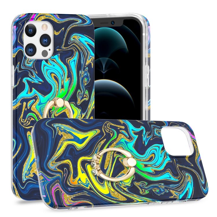 For iPhone 12 Pro Max Laser Glitter Watercolor Pattern Shockproof Protective Case with Ring Holder