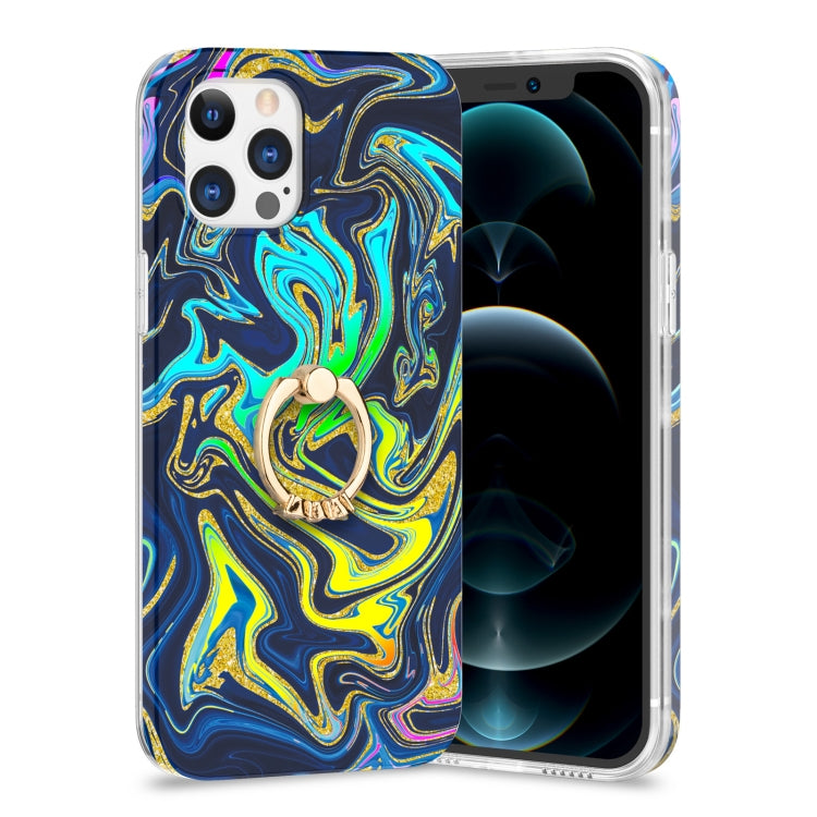 For iPhone 12 Pro Max Laser Glitter Watercolor Pattern Shockproof Protective Case with Ring Holder