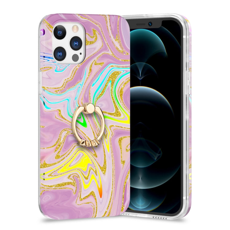 For iPhone 12 Pro Max Laser Glitter Watercolor Pattern Shockproof Protective Case with Ring Holder