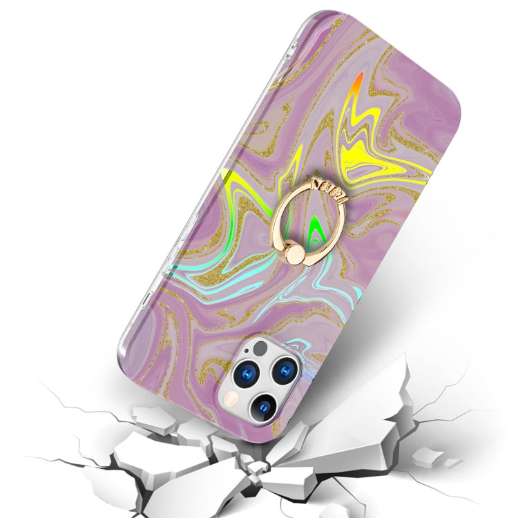 For iPhone 12 Pro Max Laser Glitter Watercolor Pattern Shockproof Protective Case with Ring Holder