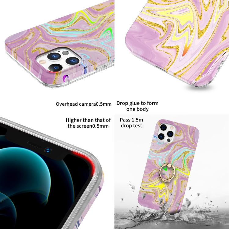 For iPhone 12 Pro Max Laser Glitter Watercolor Pattern Shockproof Protective Case with Ring Holder