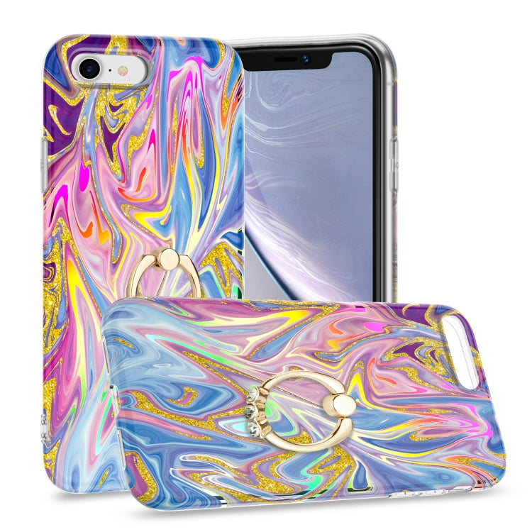 For iPhone SE 2022 / SE 2020 / 8 / 7 Laser Glitter Watercolor Pattern Shockproof Protective Case with Ring Holder