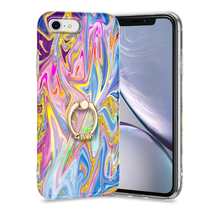 For iPhone SE 2022 / SE 2020 / 8 / 7 Laser Glitter Watercolor Pattern Shockproof Protective Case with Ring Holder