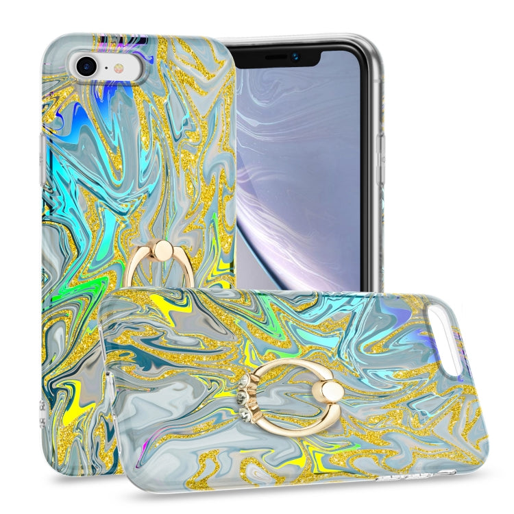 For iPhone SE 2022 / SE 2020 / 8 / 7 Laser Glitter Watercolor Pattern Shockproof Protective Case with Ring Holder