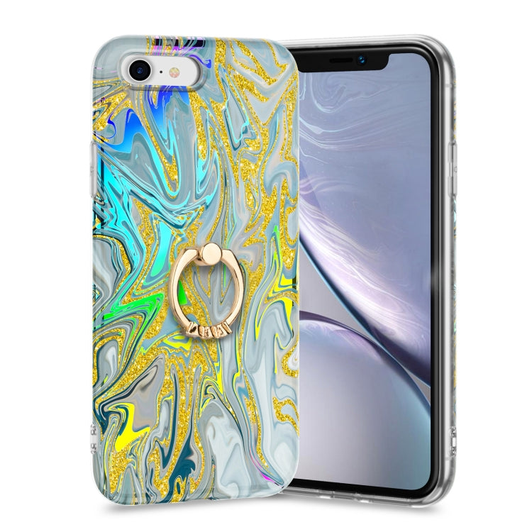 For iPhone SE 2022 / SE 2020 / 8 / 7 Laser Glitter Watercolor Pattern Shockproof Protective Case with Ring Holder