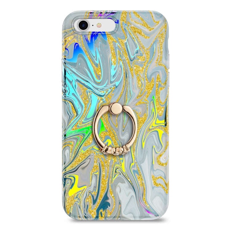 For iPhone SE 2022 / SE 2020 / 8 / 7 Laser Glitter Watercolor Pattern Shockproof Protective Case with Ring Holder