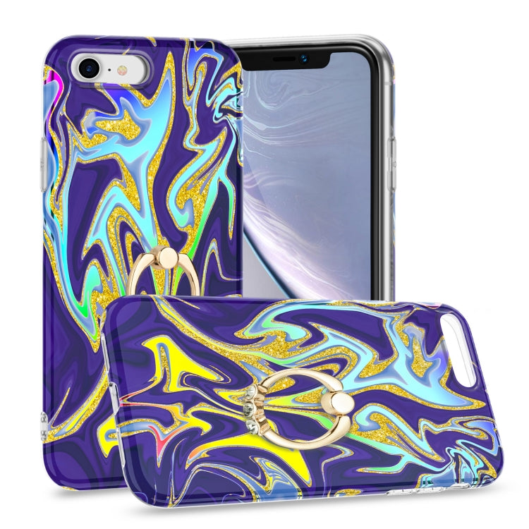 For iPhone SE 2022 / SE 2020 / 8 / 7 Laser Glitter Watercolor Pattern Shockproof Protective Case with Ring Holder