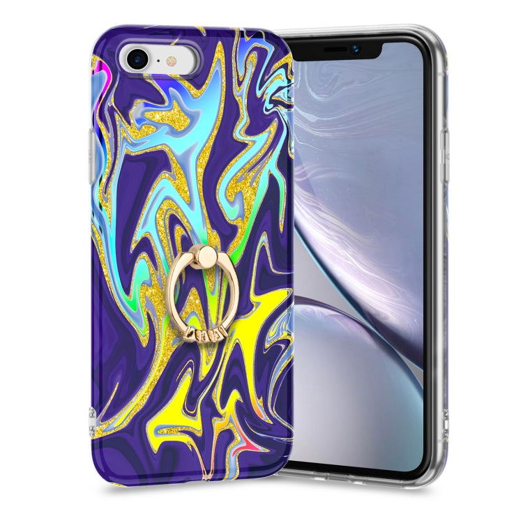 For iPhone SE 2022 / SE 2020 / 8 / 7 Laser Glitter Watercolor Pattern Shockproof Protective Case with Ring Holder
