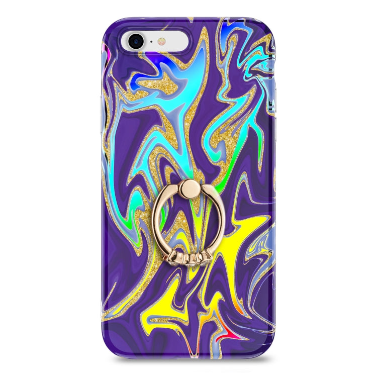 For iPhone SE 2022 / SE 2020 / 8 / 7 Laser Glitter Watercolor Pattern Shockproof Protective Case with Ring Holder