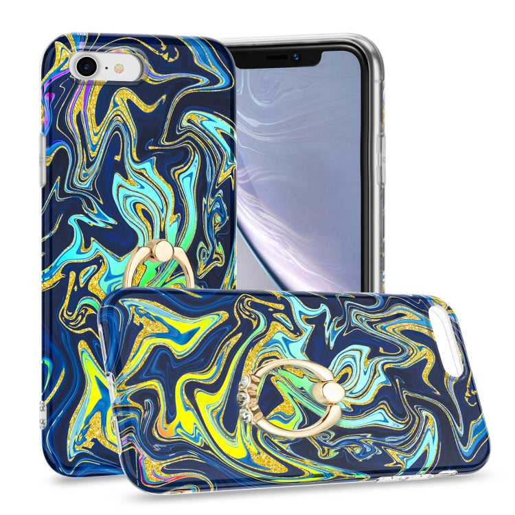 For iPhone SE 2022 / SE 2020 / 8 / 7 Laser Glitter Watercolor Pattern Shockproof Protective Case with Ring Holder
