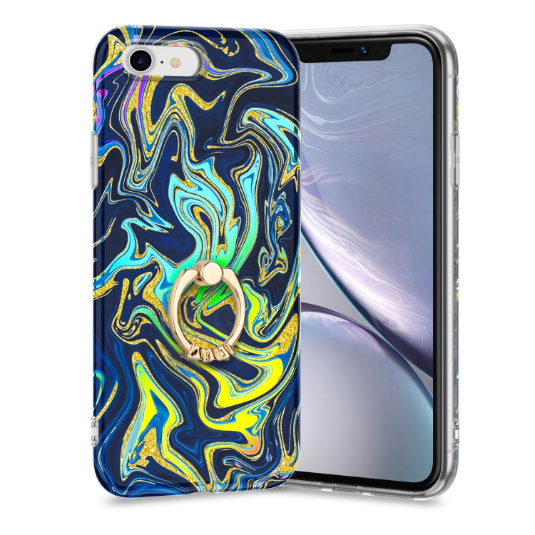 For iPhone SE 2022 / SE 2020 / 8 / 7 Laser Glitter Watercolor Pattern Shockproof Protective Case with Ring Holder