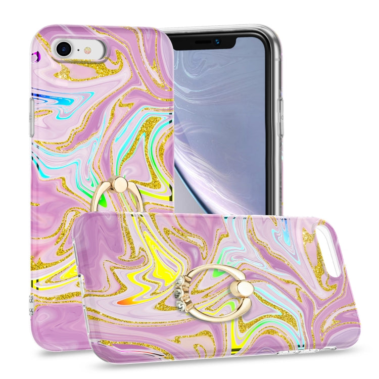 For iPhone SE 2022 / SE 2020 / 8 / 7 Laser Glitter Watercolor Pattern Shockproof Protective Case with Ring Holder