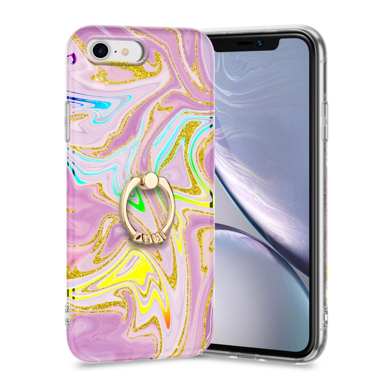For iPhone SE 2022 / SE 2020 / 8 / 7 Laser Glitter Watercolor Pattern Shockproof Protective Case with Ring Holder