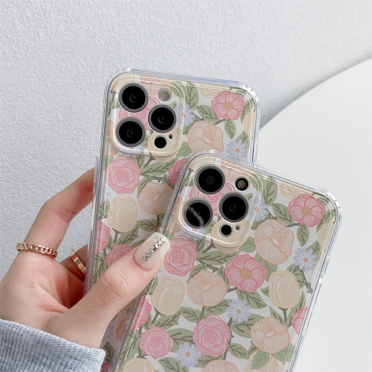 For iPhone 12 Pro Max TPU Embossed + Double-sided Painting Protective Case(Pink Rose)