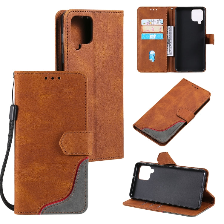 For Samsung Galaxy A12 5G Three-color Stitching Calf Texture Horizontal Flip Leather Case with Holder & Card Slots & Wallet