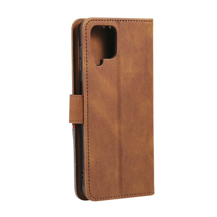 For Samsung Galaxy A12 5G Three-color Stitching Calf Texture Horizontal Flip Leather Case with Holder & Card Slots & Wallet