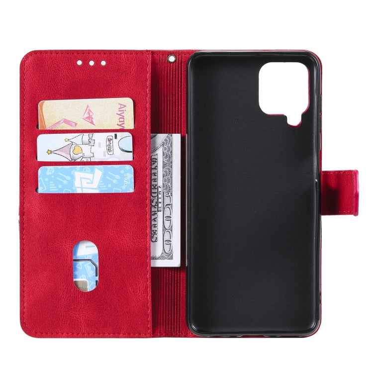 For Samsung Galaxy A12 5G Three-color Stitching Calf Texture Horizontal Flip Leather Case with Holder & Card Slots & Wallet