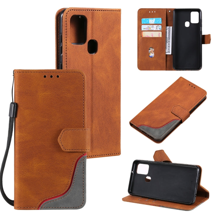 For Samsung Galaxy A21s Three-color Stitching Calf Texture Horizontal Flip Leather Case with Holder & Card Slots & Wallet