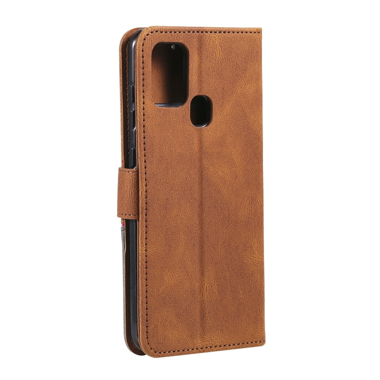 For Samsung Galaxy A21s Three-color Stitching Calf Texture Horizontal Flip Leather Case with Holder & Card Slots & Wallet