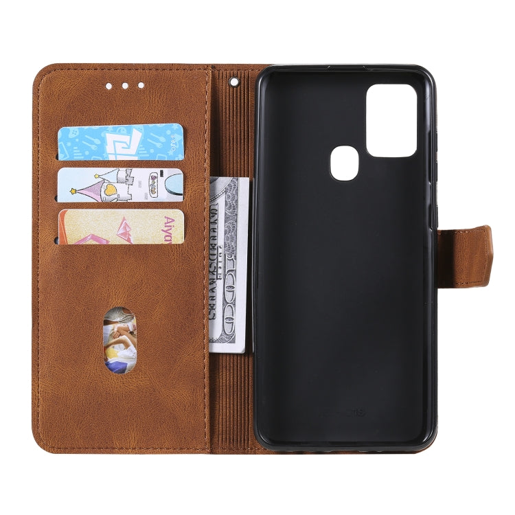 For Samsung Galaxy A21s Three-color Stitching Calf Texture Horizontal Flip Leather Case with Holder & Card Slots & Wallet