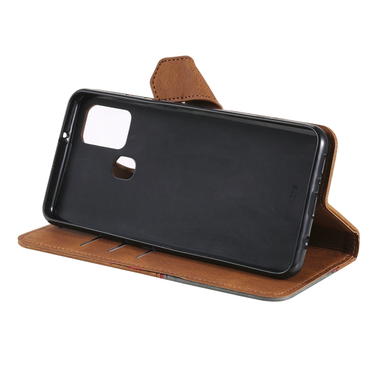 For Samsung Galaxy A21s Three-color Stitching Calf Texture Horizontal Flip Leather Case with Holder & Card Slots & Wallet