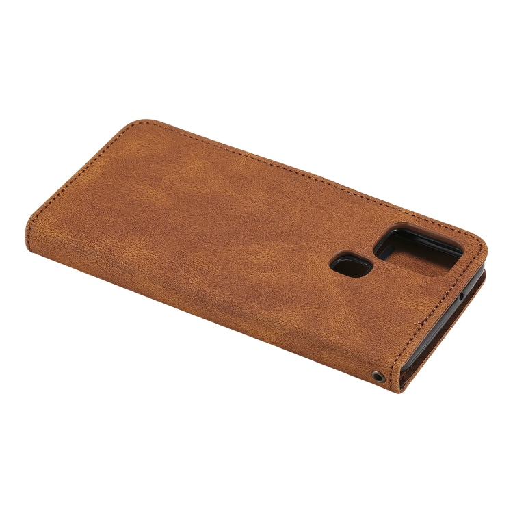 For Samsung Galaxy A21s Three-color Stitching Calf Texture Horizontal Flip Leather Case with Holder & Card Slots & Wallet