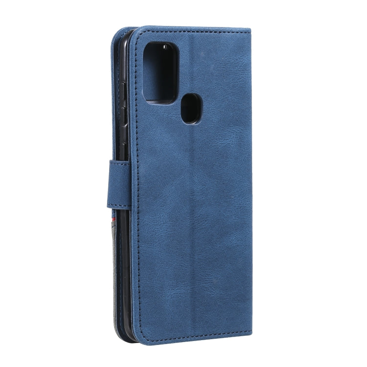 For Samsung Galaxy A21s Three-color Stitching Calf Texture Horizontal Flip Leather Case with Holder & Card Slots & Wallet