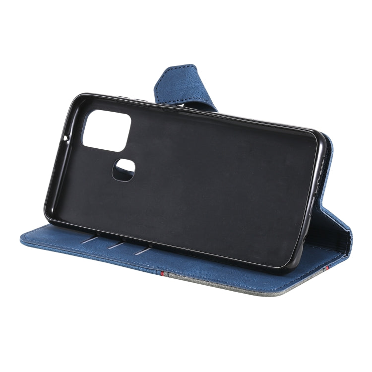 For Samsung Galaxy A21s Three-color Stitching Calf Texture Horizontal Flip Leather Case with Holder & Card Slots & Wallet