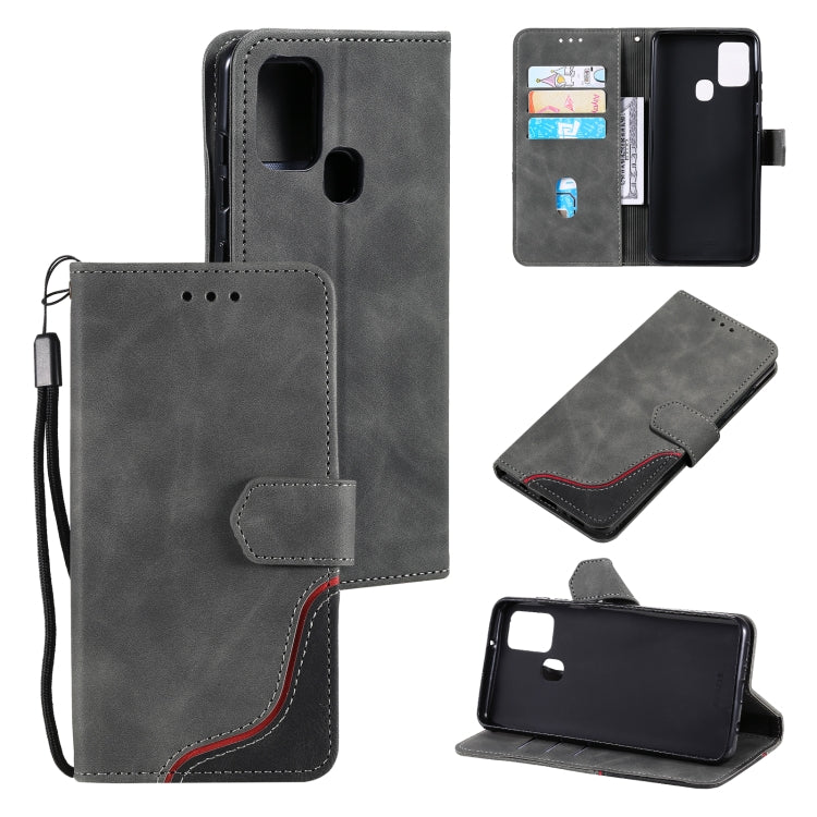 For Samsung Galaxy A21s Three-color Stitching Calf Texture Horizontal Flip Leather Case with Holder & Card Slots & Wallet