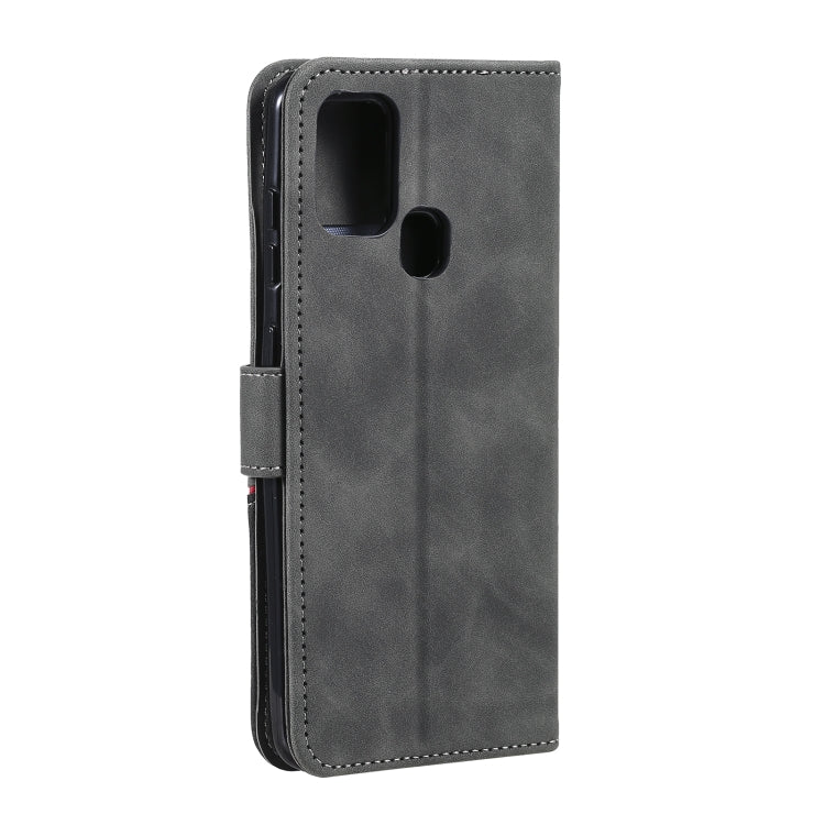 For Samsung Galaxy A21s Three-color Stitching Calf Texture Horizontal Flip Leather Case with Holder & Card Slots & Wallet