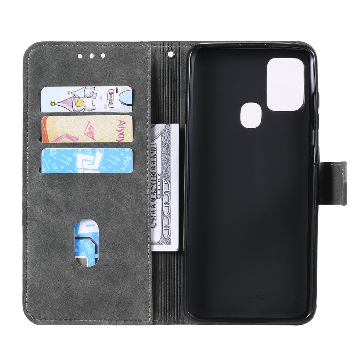 For Samsung Galaxy A21s Three-color Stitching Calf Texture Horizontal Flip Leather Case with Holder & Card Slots & Wallet