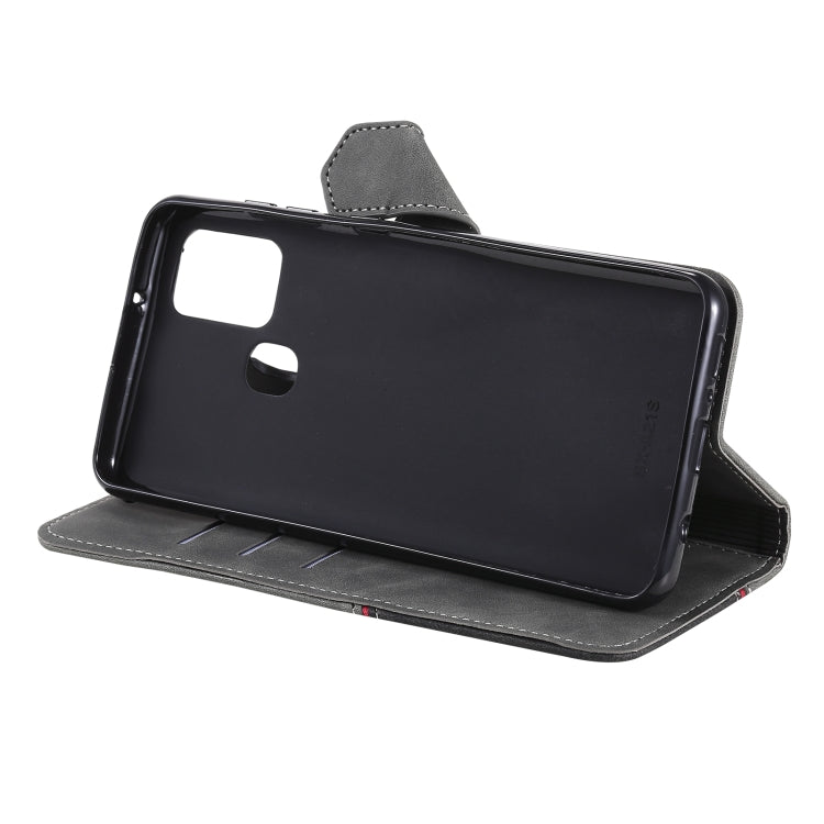 For Samsung Galaxy A21s Three-color Stitching Calf Texture Horizontal Flip Leather Case with Holder & Card Slots & Wallet