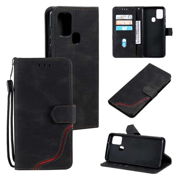 For Samsung Galaxy A21s Three-color Stitching Calf Texture Horizontal Flip Leather Case with Holder & Card Slots & Wallet
