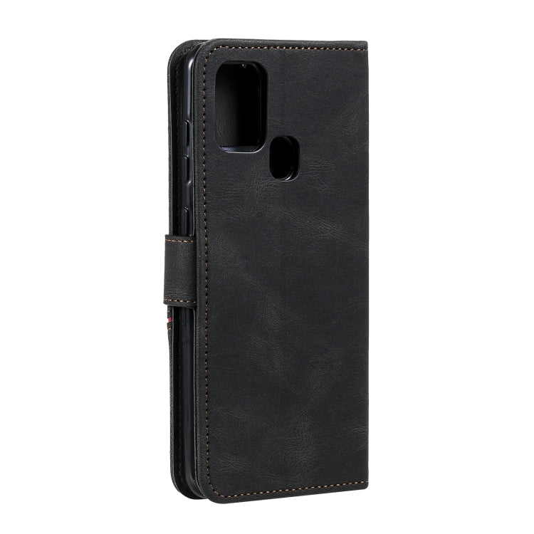 For Samsung Galaxy A21s Three-color Stitching Calf Texture Horizontal Flip Leather Case with Holder & Card Slots & Wallet