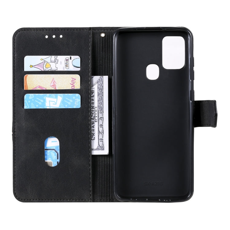 For Samsung Galaxy A21s Three-color Stitching Calf Texture Horizontal Flip Leather Case with Holder & Card Slots & Wallet