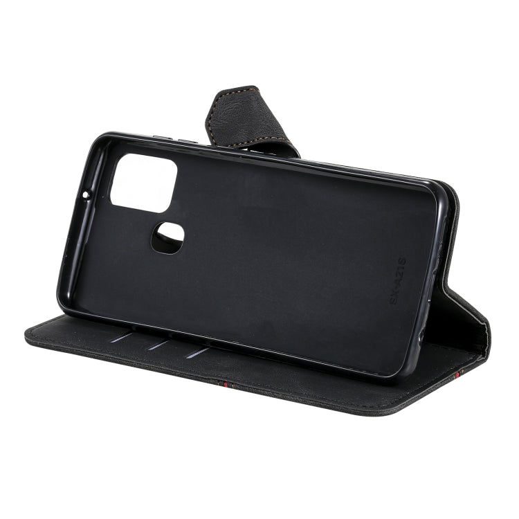 For Samsung Galaxy A21s Three-color Stitching Calf Texture Horizontal Flip Leather Case with Holder & Card Slots & Wallet
