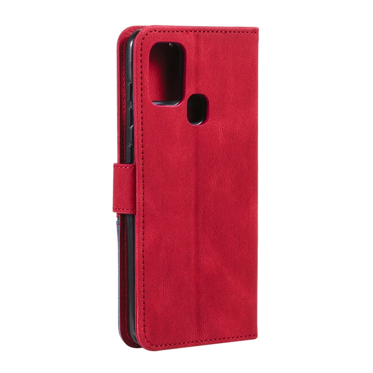 For Samsung Galaxy A21s Three-color Stitching Calf Texture Horizontal Flip Leather Case with Holder & Card Slots & Wallet